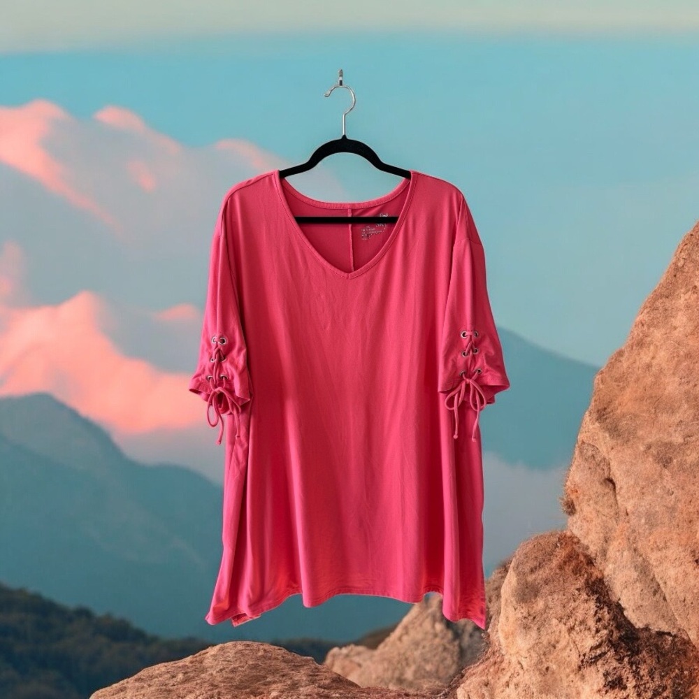 Terra & Sky Salmon Pink V-Neck Top with Grommet/Lace-Up Sleeves